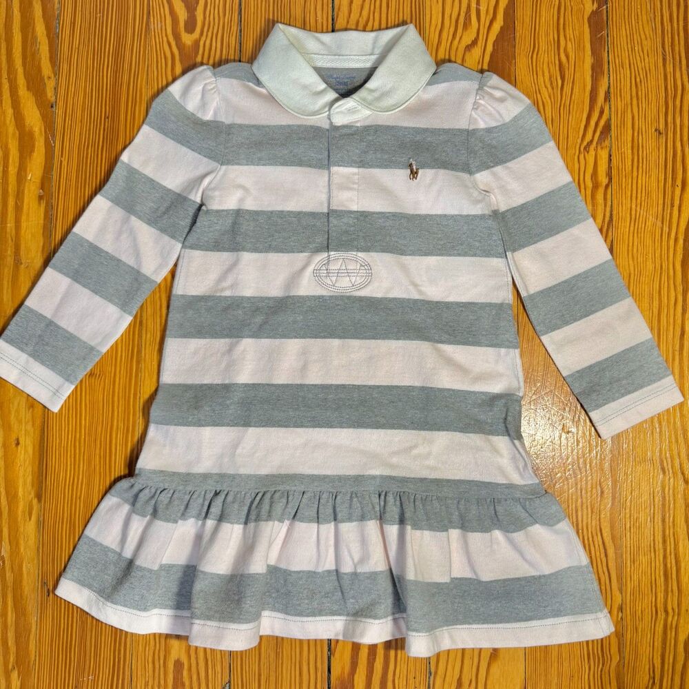 Ralph Lauren polo dress girls 24M pink gray rugby striped long sleeve flesh pony